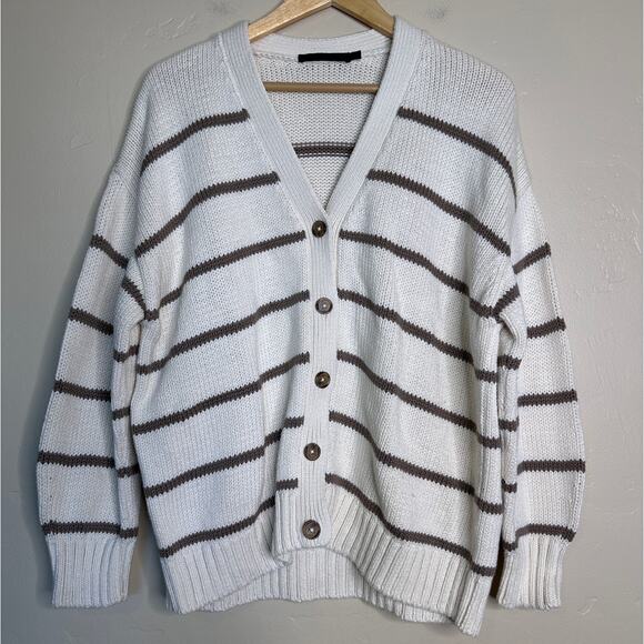 Jenni Kayne Chloe Striped Cardigan Button Up Ivory/Taupe XXS - Picture 2 of 8